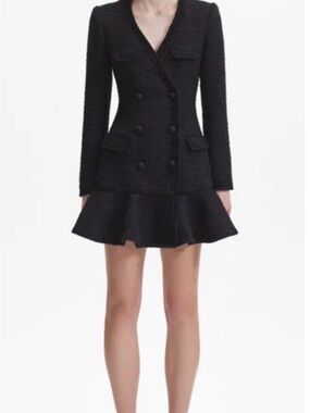 Self-Portrait Black Tweed Double-Breasted Peplum Mini Dress